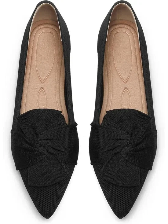 Womens All Black Comfortable Pointed Toe Knit Foldable Slip On Ballet Flat Shoes