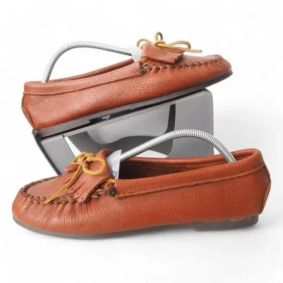 Minnetonka Deerskin Kilty Moc Toe Slip-on Loafers Carmel Brown 232116 Women's 10