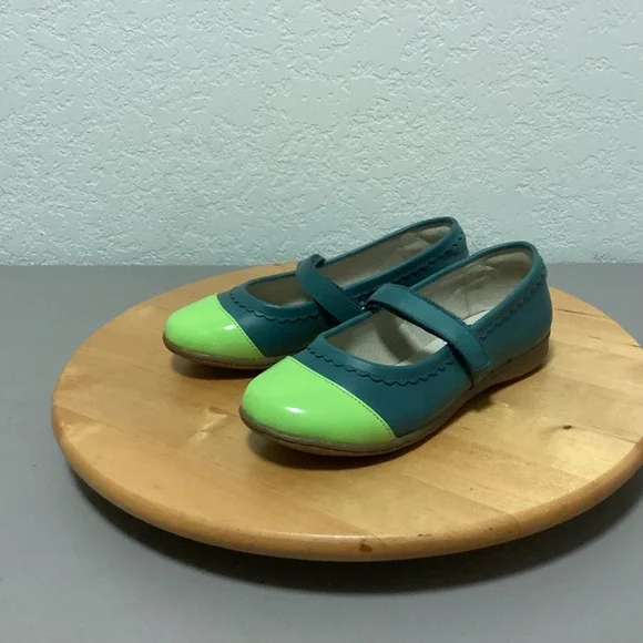 LIVIE & LUCA Teal Neon Green Patent Toe Strap Mary Jane Shoes Kids‎ Size 1