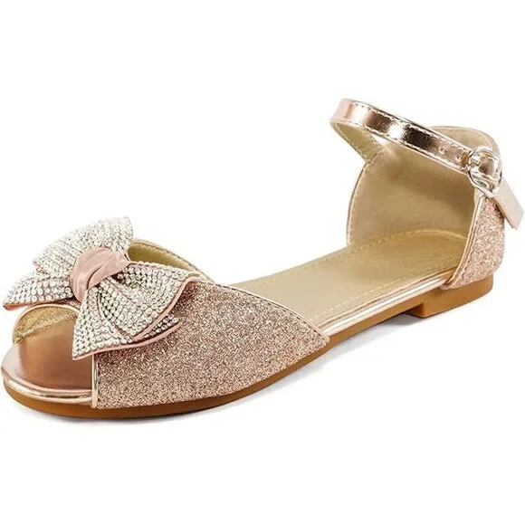 Aomigoct Girls Size 4 Rose Gold Silver Bow Glitter Princess Flat Sandal Shoes