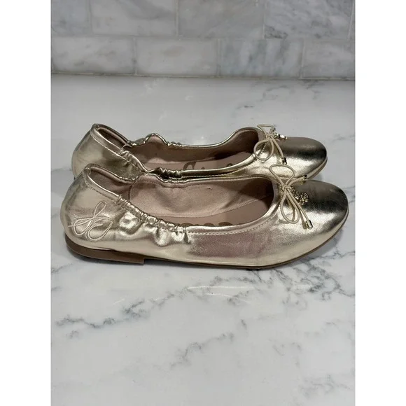Sam Edelman Kids Felicia Metallic Gold Ballet Flats Bow Logo Charm Size 4
