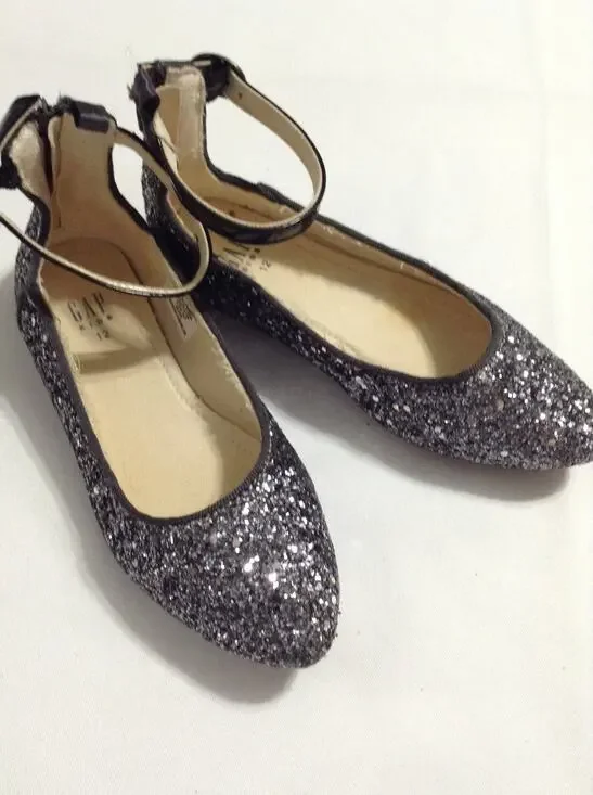 GAP Kids Girls Silver Glitter Ballet Flats Ankle Strap Dress Shoe Zipper Size 12
