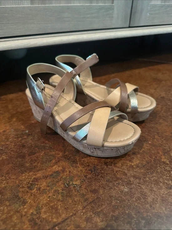 Soda Girls' Metallic Neutral Wedge Sandals - Beige, Bronze, Silver