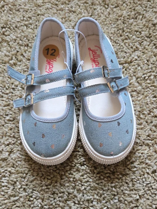 Jellypop Size 12 Lt Blue Double-Strap Velcro Mary Jane Shoes W/Metallic Hearts
