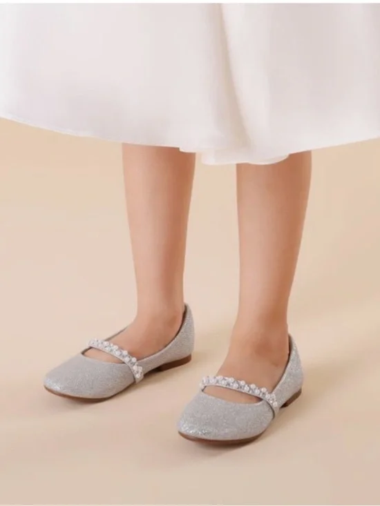 NIB DREAM PAIRS Girls Silver Glitter Pearl Mary Jane Flats