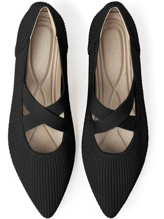 Women's Black Pointed Toe Comfortable Mary Jane Slip-On Knit Ballet Flat Shoes