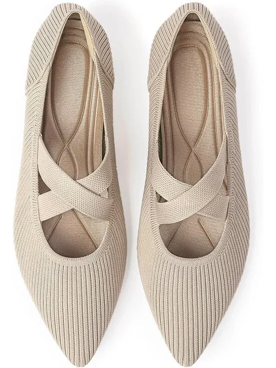 Women's Beige Pointed Toe Comfortable Mary Jane Slip-On Knit Ballet Flat Shoes