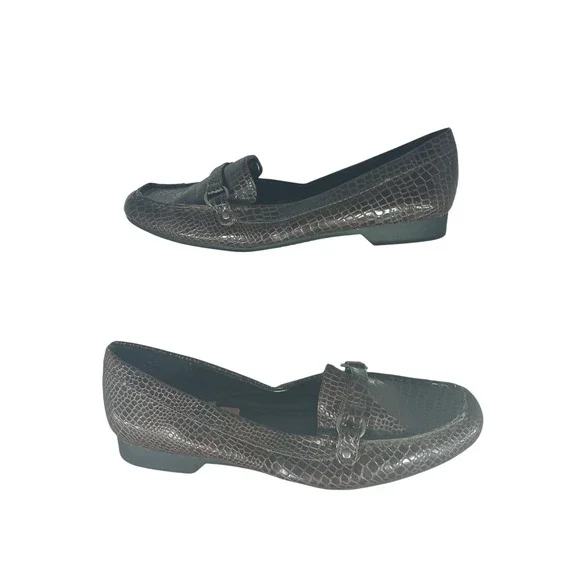 St Johns Bay Ava Brown‎ Croc Embossed Loafers Silver Hardware Womens 7.5M