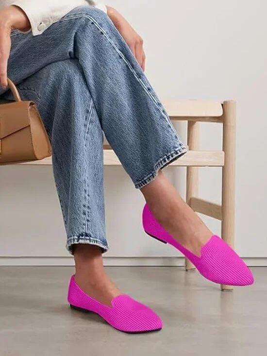 Women's Pink Pointed Toe Knit Ballet Flats Washable Important Work Shoes