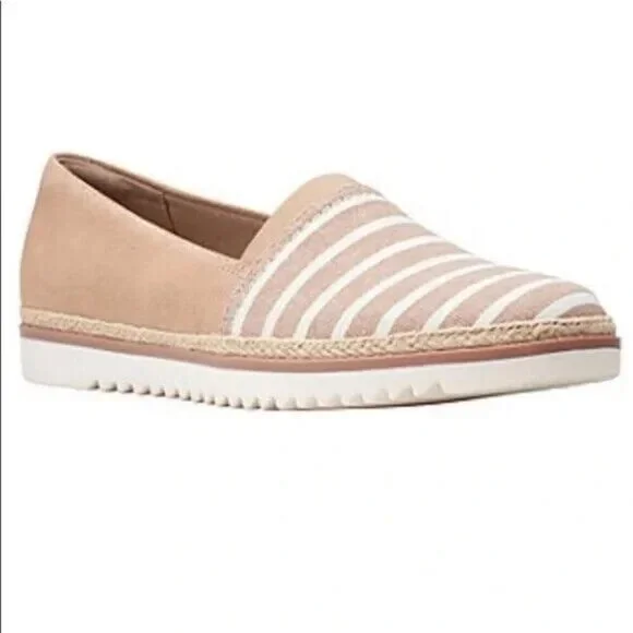 Clarks Serena Paige Espadrille‎ Slip-on Loafers Sand & White Striped 9.5 M NEW