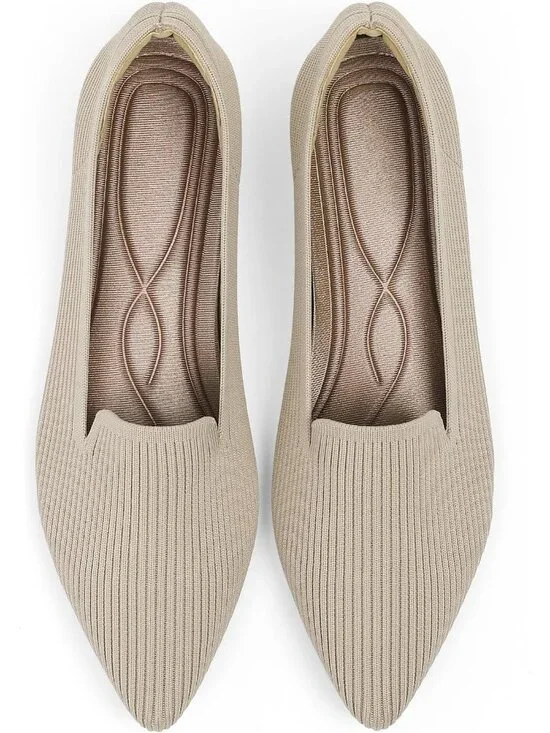 Women's Beige Pointed Toe Knit Ballet Flats Washable Important Work Shoes