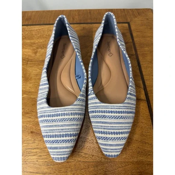 Baretraps‎ 7 Rhonda pointed toe ballet flats in a blue and white striped fabric