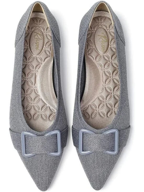 Women's Grey Arch Support Dress Pointed Toe Comfortable Knit Ballet Flat Shoes