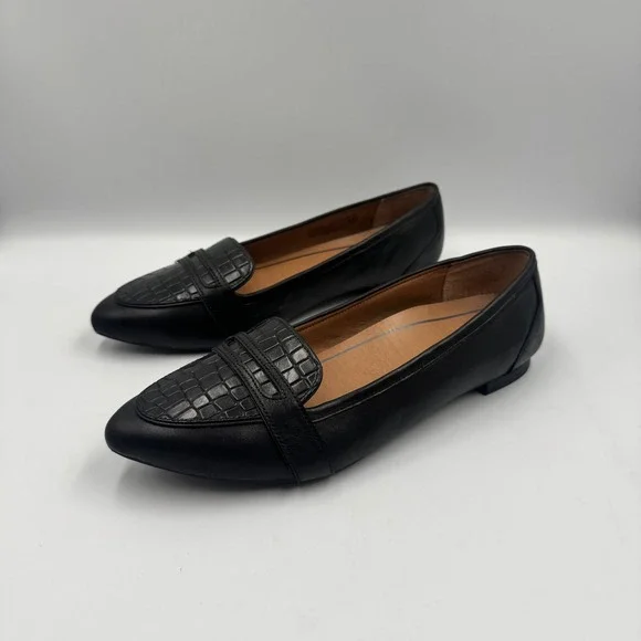 Vionic Savannah Black Leather Croc Embossed Pointed Toe Flat Loafers Womens 8.5