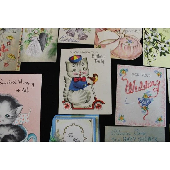 Lot 72 Vtg Baby Shower & New Baby Greeting Cards 1950s Graphics Glitter USA