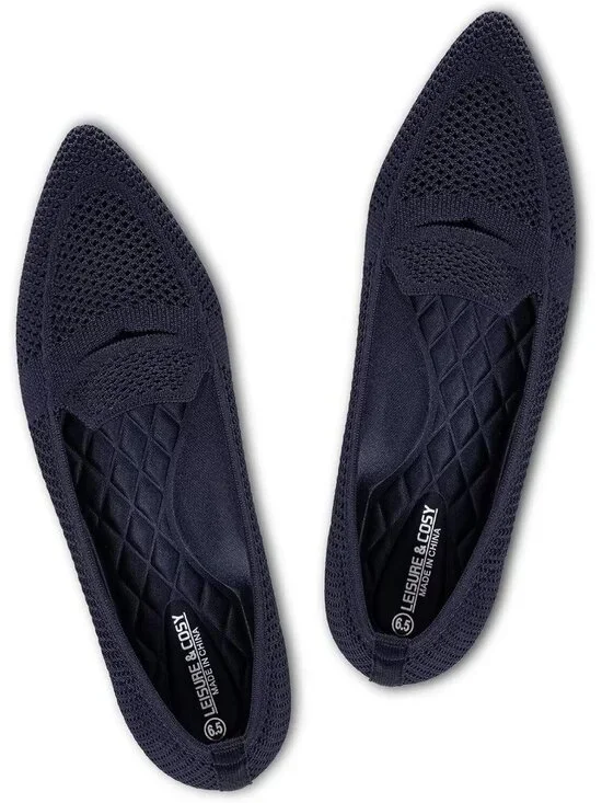 Women's Navy Blue Pointed Toe Penny Ballet Knit Mesh Slip On Flat Loafer Shoes