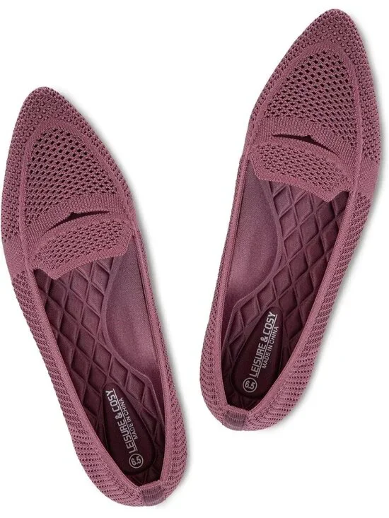 Women's Blush Pink Pointed Toe Penny Ballet Knit Mesh Slip On Flat Loafer Shoes
