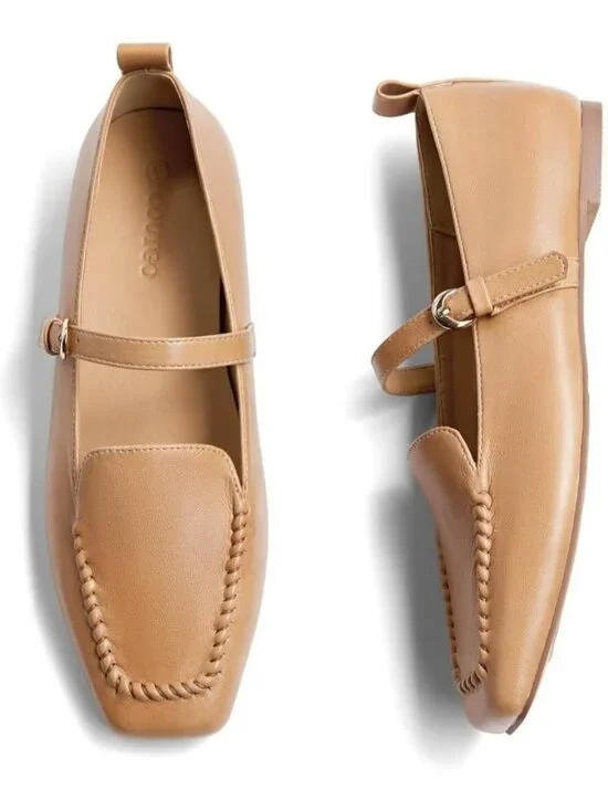 Women's Khaki Faux Leather Ballet Flats Loafers Square Toe Comfortable Shoes