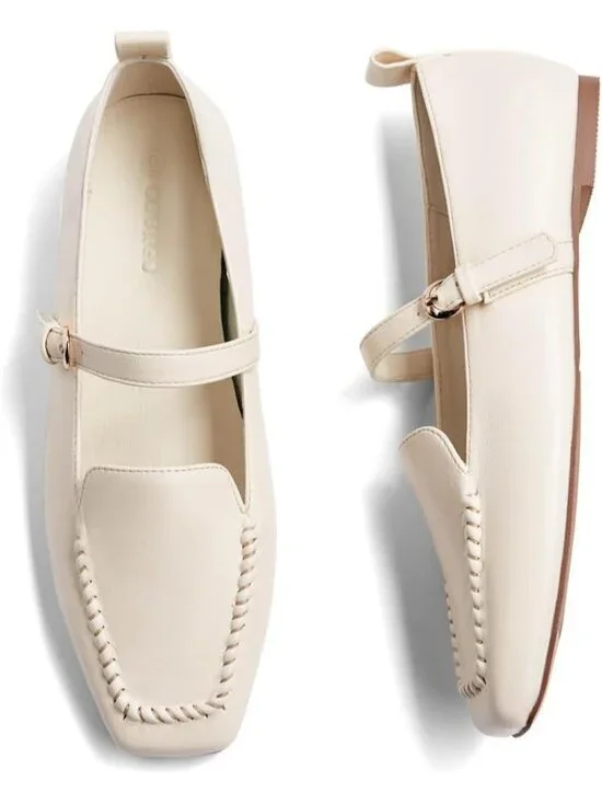 Women's Cream White Faux Leather Ballet Flat Loafer Square Toe Comfortable Shoes