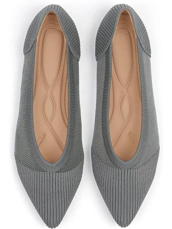 Women's Grey Knit Ballet Flats Pointed Toe Comfortable Mesh Casual Shoes