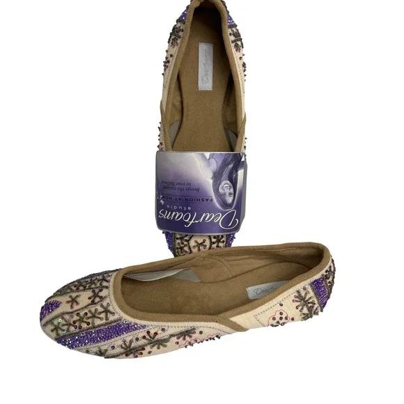 Dearfoams Studio Slippers Embellished Beaded Boho Flats Cream‎ Purple Size 8