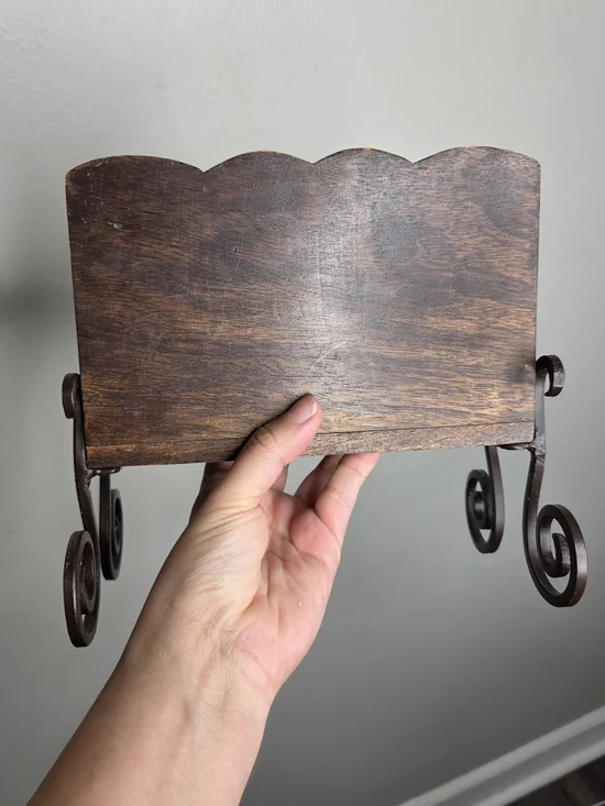 Vintage Wooden Desk Top Or Napkin Holder Scrolled Iron Legs