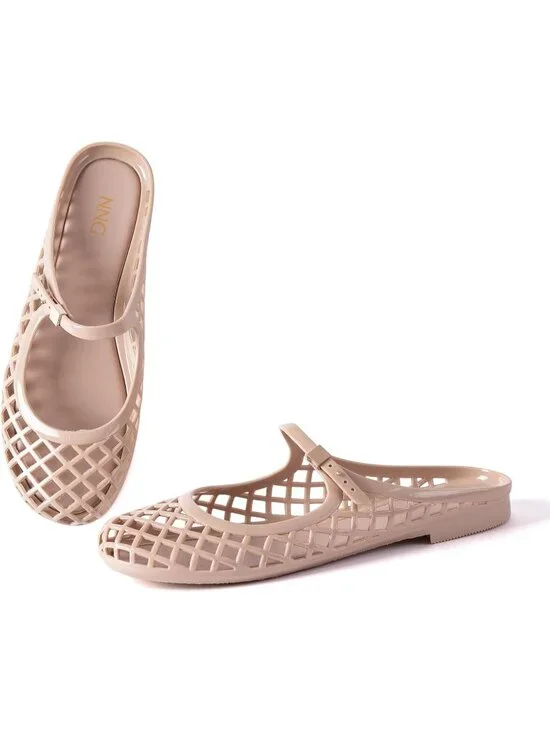 Women's Nude Mary Jane Jelly Mule Flat Sandals Waterproof Beach Pool Comfort