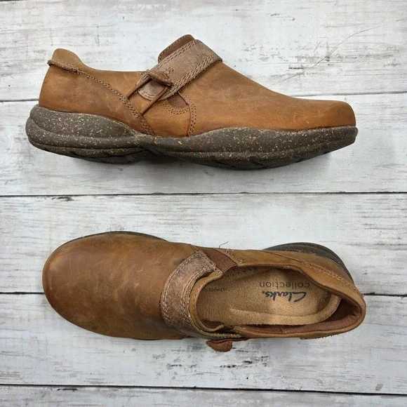 Clarks Slip On Roseville Dot Shoes Women 7 Brown Leather Loafers Hook Loop Strap