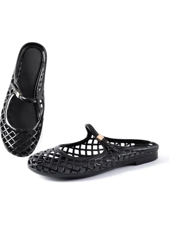 Women's Black Mary Jane Jelly Mule Flat Sandals Waterproof Beach Pool Comfort