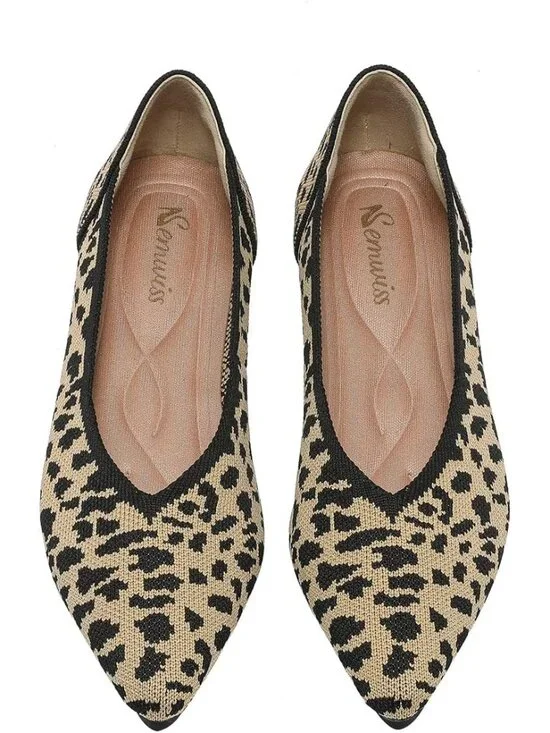 Women's Leopard Ballet Flats Pointed Toe Comfortable Knit Casual Shoes