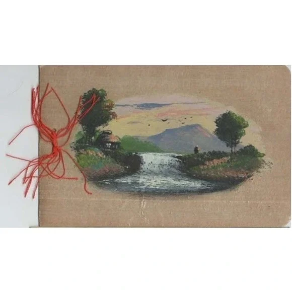 Vtg Hand Painted Christmas Card Waterfall Mountain Scene Silk Cord VG
