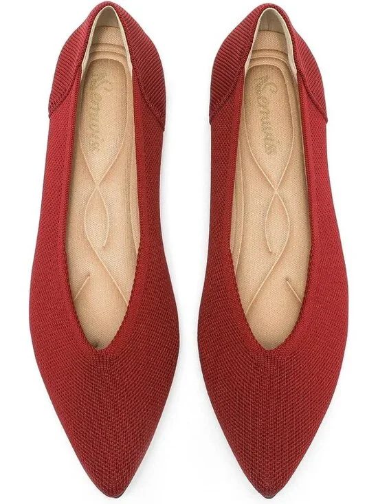 Women's Red Ballet Flats Pointed Toe Comfortable Knit Slip Casual Shoes