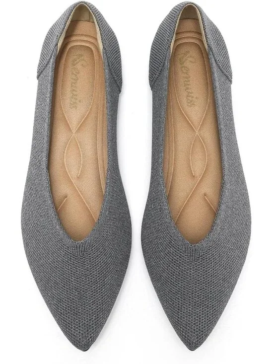 Women's Grey Ballet Flats Pointed Toe Comfortable Knit Slip Casual Shoes