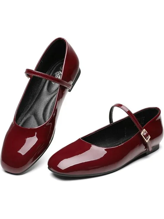 Women Wine Red Square Toe With Adjustable Buckle Strap Ballet Flat Slip On Shoes