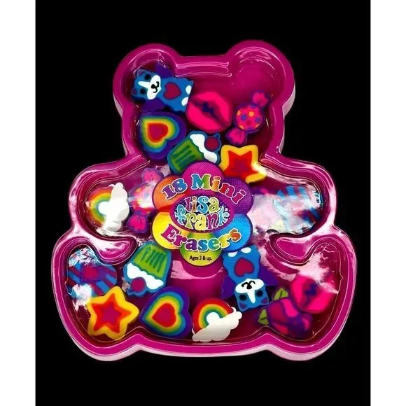 New Vintage Y2K Lisa Frank 18 Mini Erasers Pink Teddy Bear Case Unused