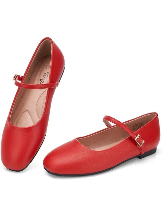 Women's Red Square Toe With Adjustable Buckle Strap Ballet Flat Slip On Shoes