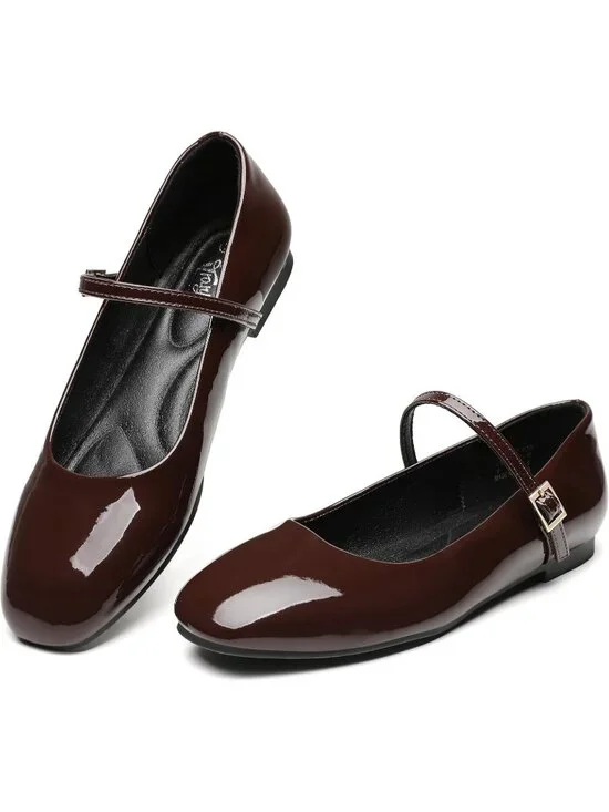 Women's Dark Brown Square Toe Adjustable Buckle Strap Ballet Flat Slip On Shoes