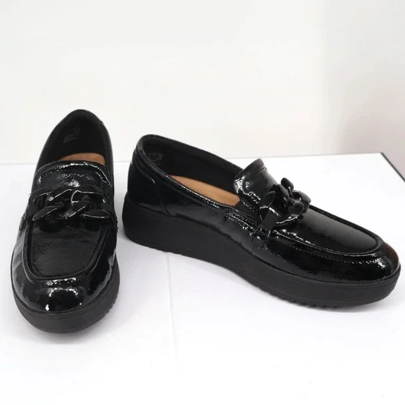 Clarks Zylah May Black Crinkle Patent Chain Platform Loafer 9 M NIB Office Siren