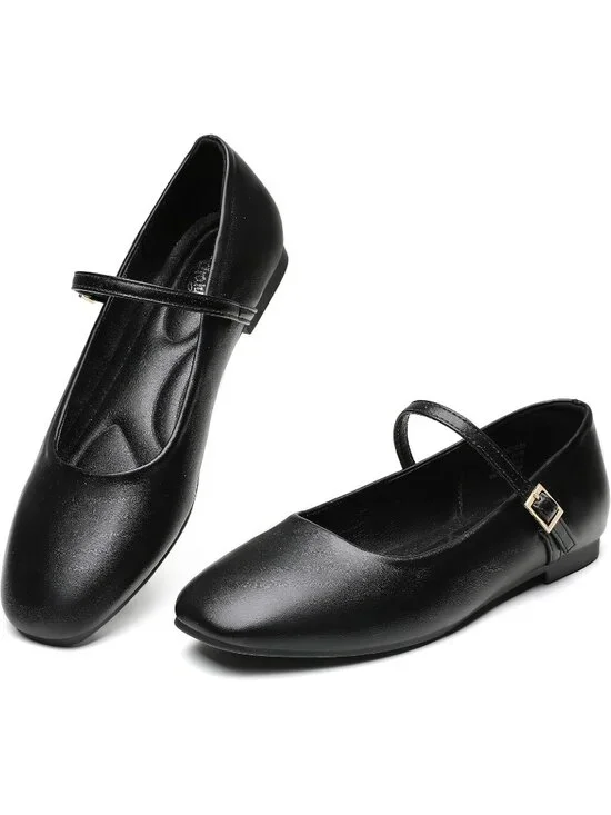 Women's Black Square Toe With Adjustable Buckle Strap Ballet Flat Slip On Shoes