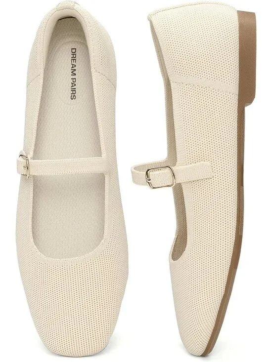 Women's Nude Knit Mary Jane Square Toe Stretchy Buckle Ballet Flats Casual Shoes