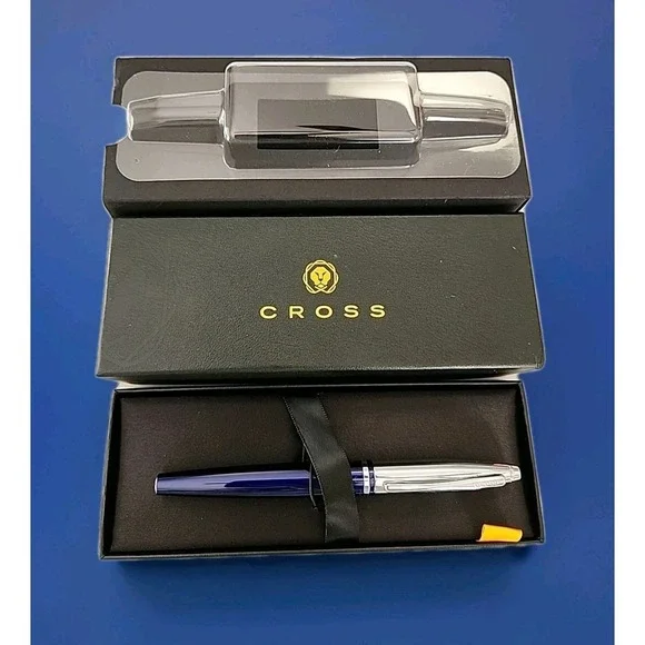 CROSS CALAIS Chrome/Blue Refillable Rollerball Pen Gift Box Med Point CFS Logo