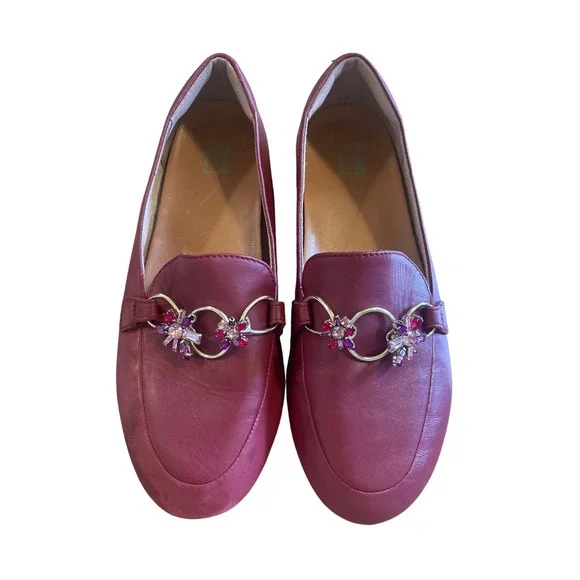 FitFlop Allegro Maroon Leather Crystal‎ Gem Embellished Loafers Flats US 7