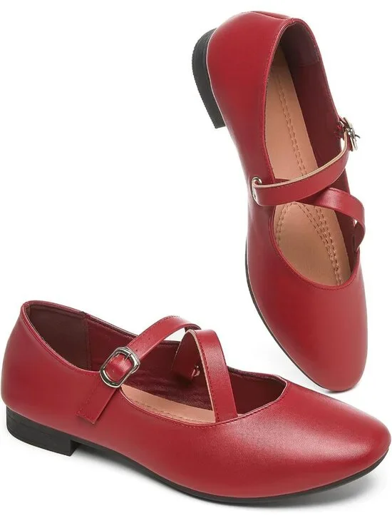 Women's Red Rubber Cross Buckle Strap Ballet Flats Soft Memory Foam Casual Shoes