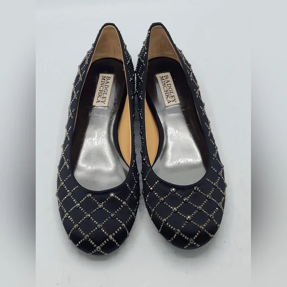 Badgley Mischka Norell Quilted Crystal Satin Flats In Black Size 7.5
