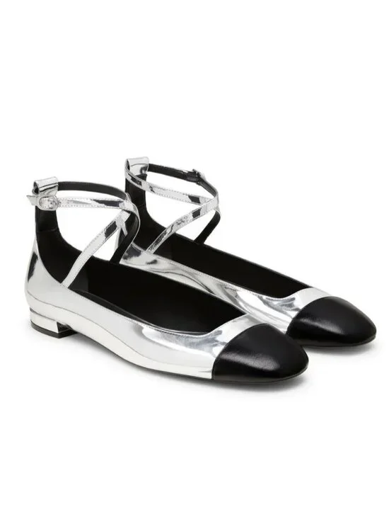 $600 STUART WEITZMAN EDEN STRAP FLAT BALLERINA LEATHER SILVER BLACK 9 B (PD1)