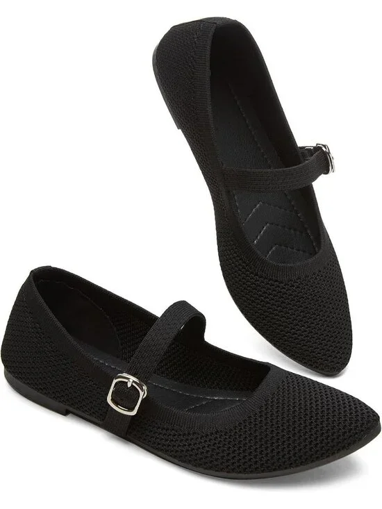 Women's Black Knit Mesh Ballet Flat Foldable With Buckle Strap Comfortable Shoes