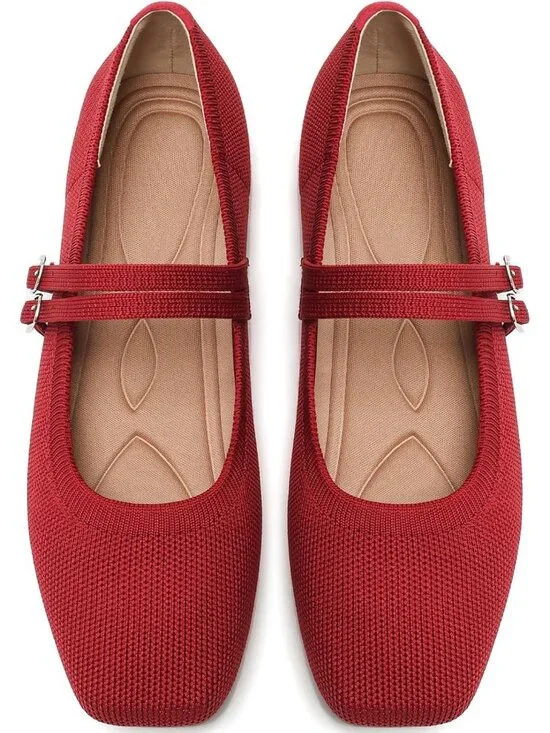 Women's Red Knit Square Toe Mary Jane Ballet Flats Foldable Buckle Strap Shoes