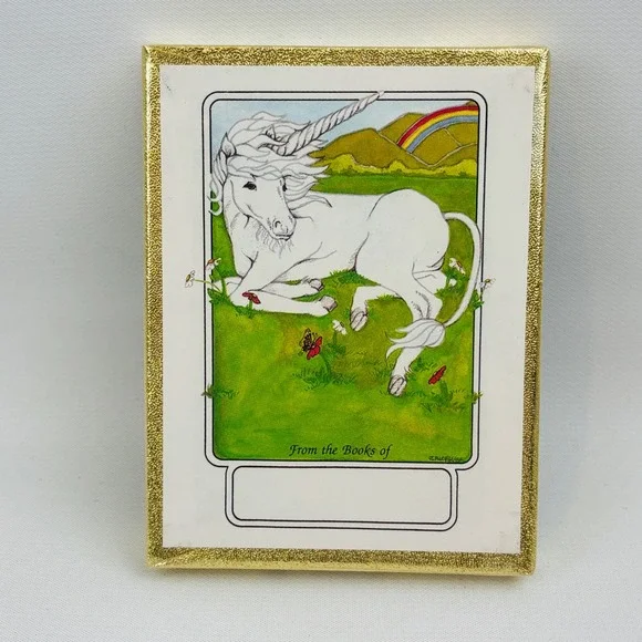 Vintage Antioch Unicorn Rainbow 50 Bookplates Box Gummed Labels USA New Sealed