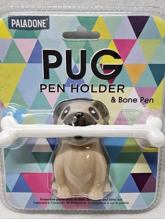 Paladone Pug Pen Holder with Bone Pen - Beige & White New