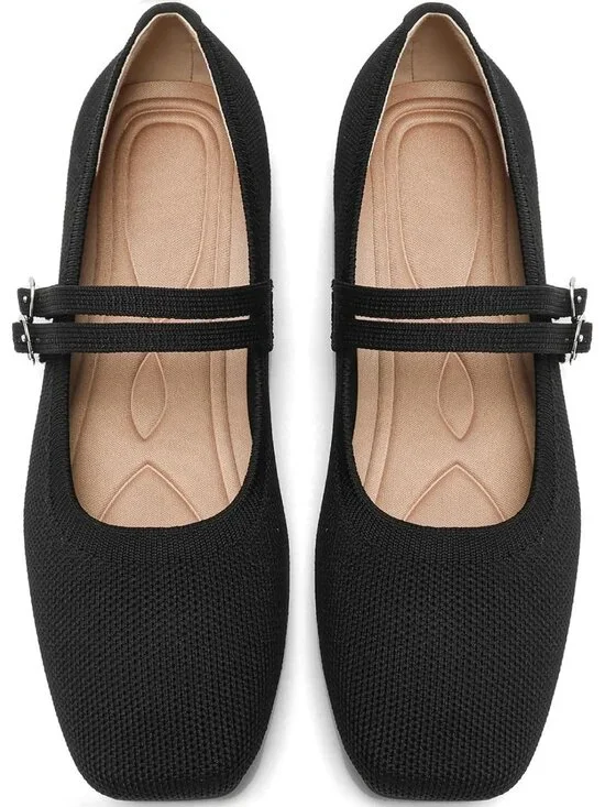 Women's Black Knit Square Toe Mary Jane Ballet Flats Foldable Buckle Strap Shoes